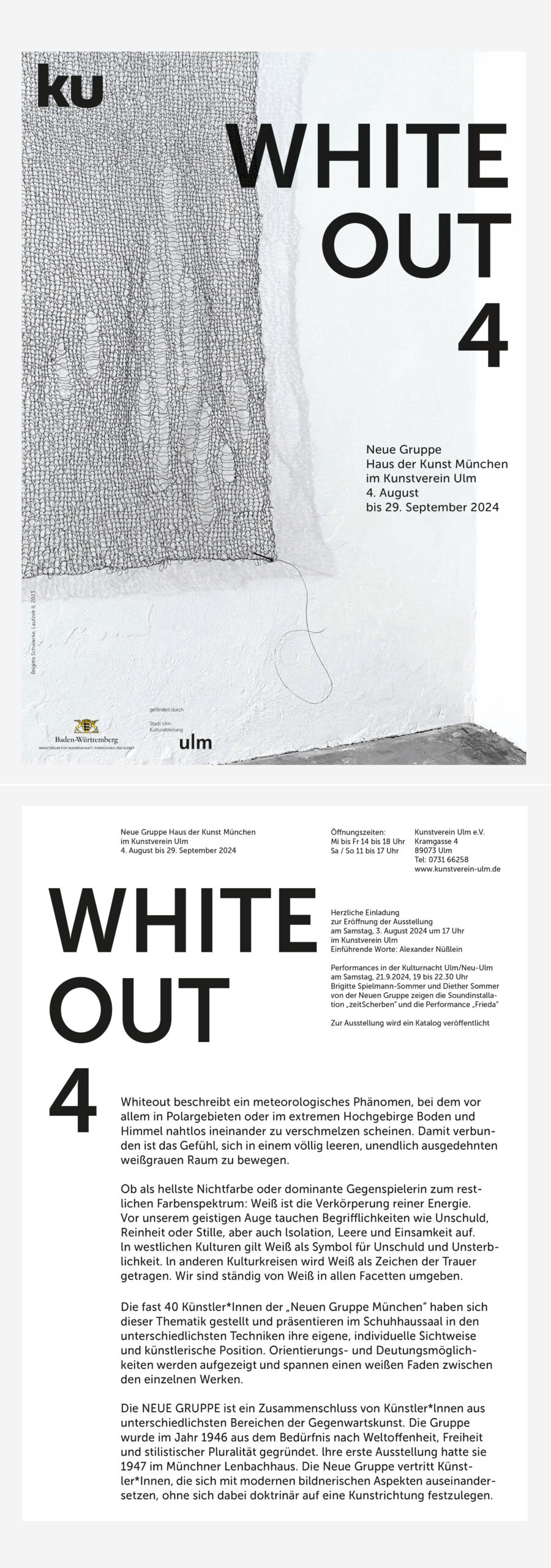 Minimalistischer Einladungsflyer von drei Künstlern zu Kunstausstellung